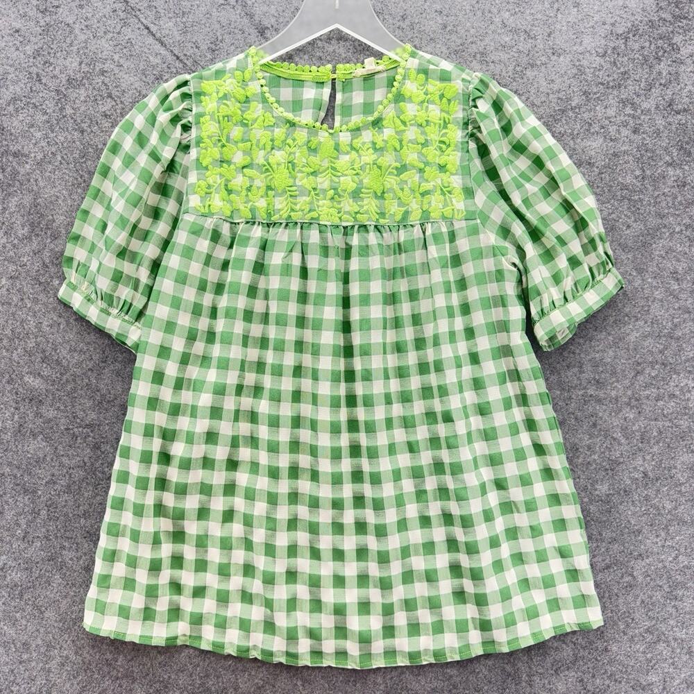 Jodifl Womens Gingham Check Embroidered Top Size S Green Peasant Cottagecore - Picture 7 of 12